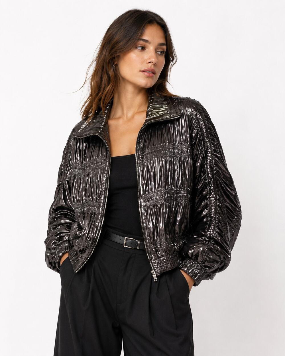 Vtg 80s Ruched Crinkled Shiny Satin Oversized Bomber Jacket Womens XL Whimsigoth